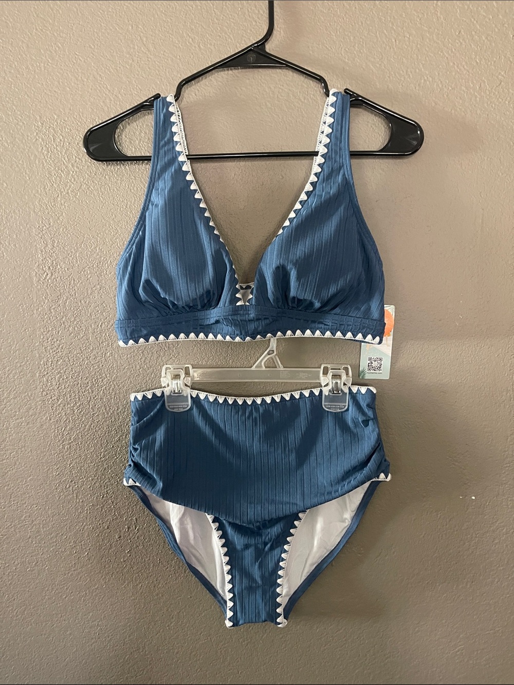 Target Blue Ribbed High-Waist Bikini with White Trim